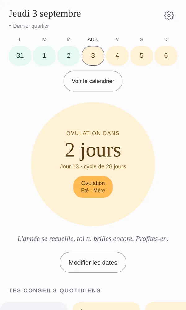 L'écran d'accueil de l'application : le jour du cycle, la saison en cours et l'énergie du jour