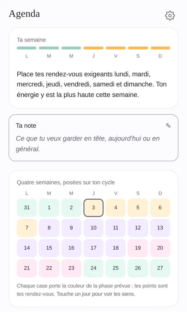 L'écran Agenda : la semaine colorée par les phases, et la lecture du cycle