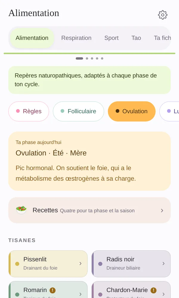 L'écran Alimentation : les repères de la phase et les tisanes qui vont avec